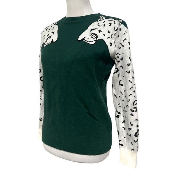 Women’s Snow Leopard Sleeved Sweater Dark Green Boho Cheetah Top Size Medium - Picture 2 of 7